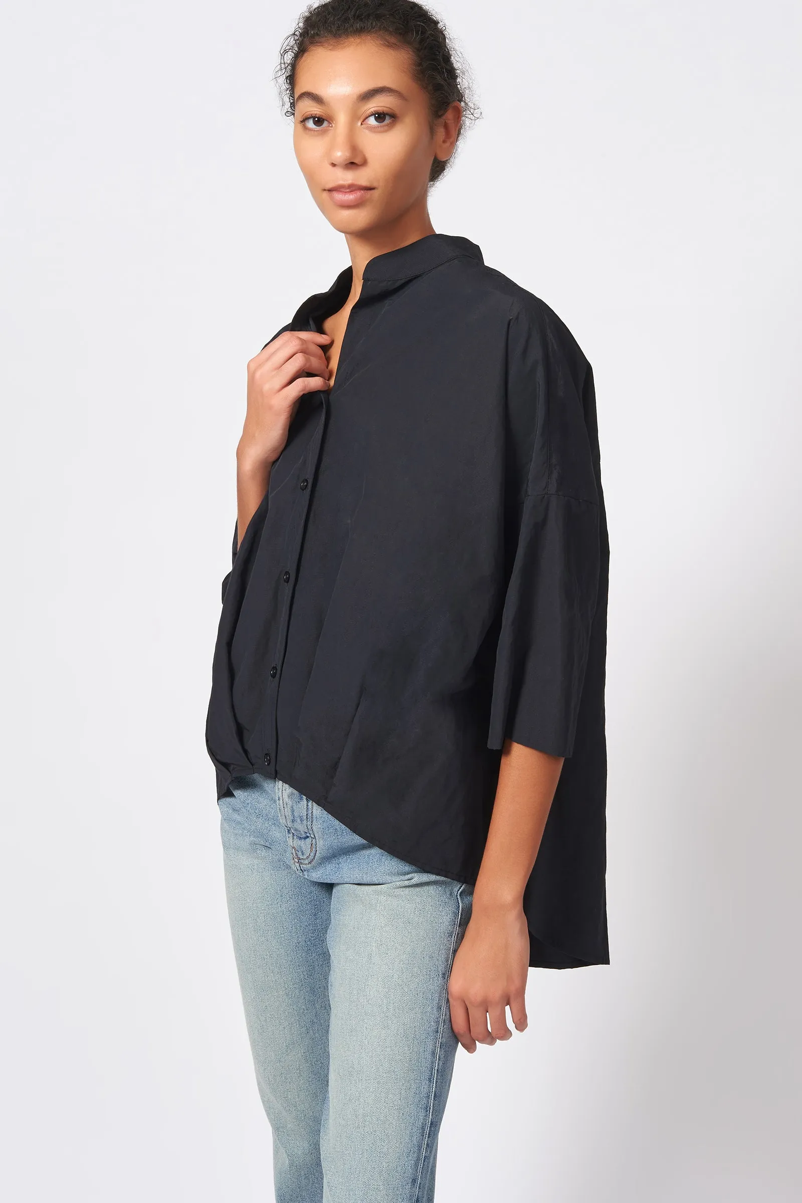 Pleat Hem Kimono - Black Cotton Nylon