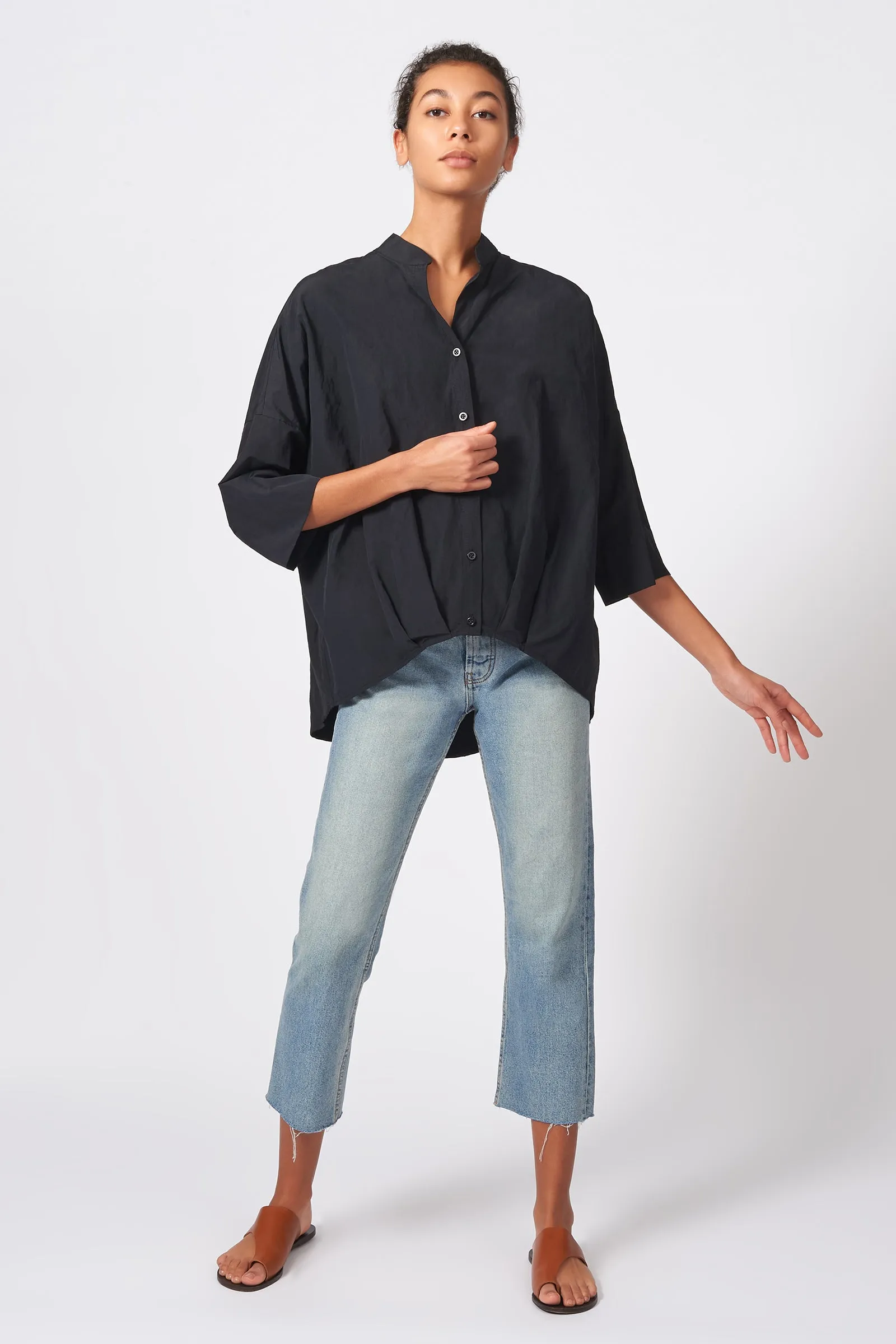Pleat Hem Kimono - Black Cotton Nylon