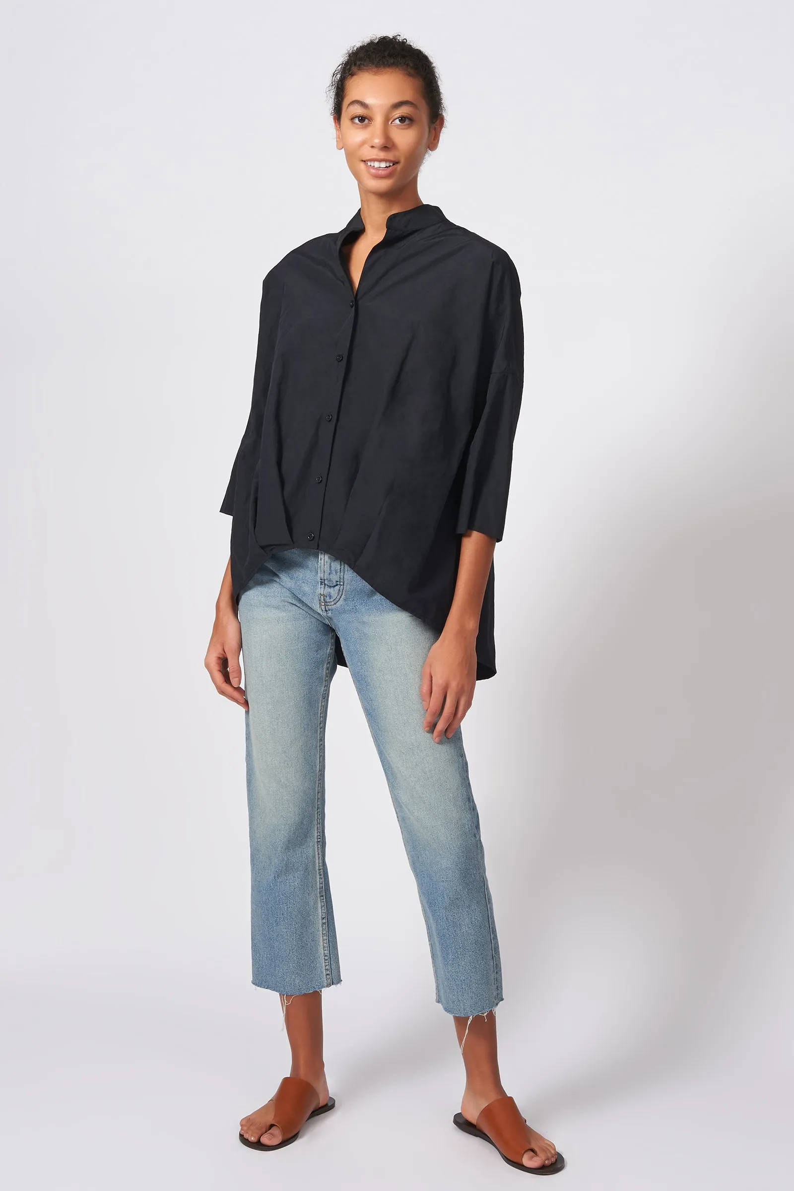 Pleat Hem Kimono - Black Cotton Nylon