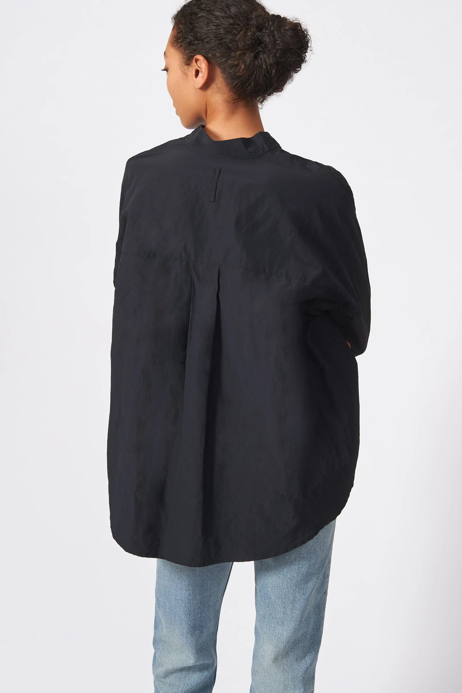 Pleat Hem Kimono - Black Cotton Nylon