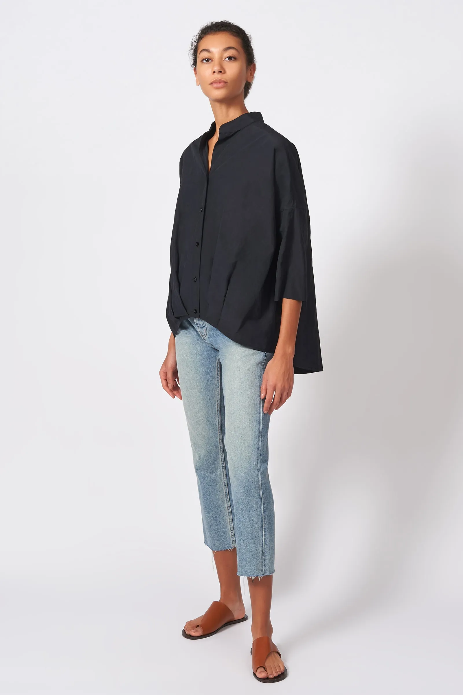 Pleat Hem Kimono - Black Cotton Nylon