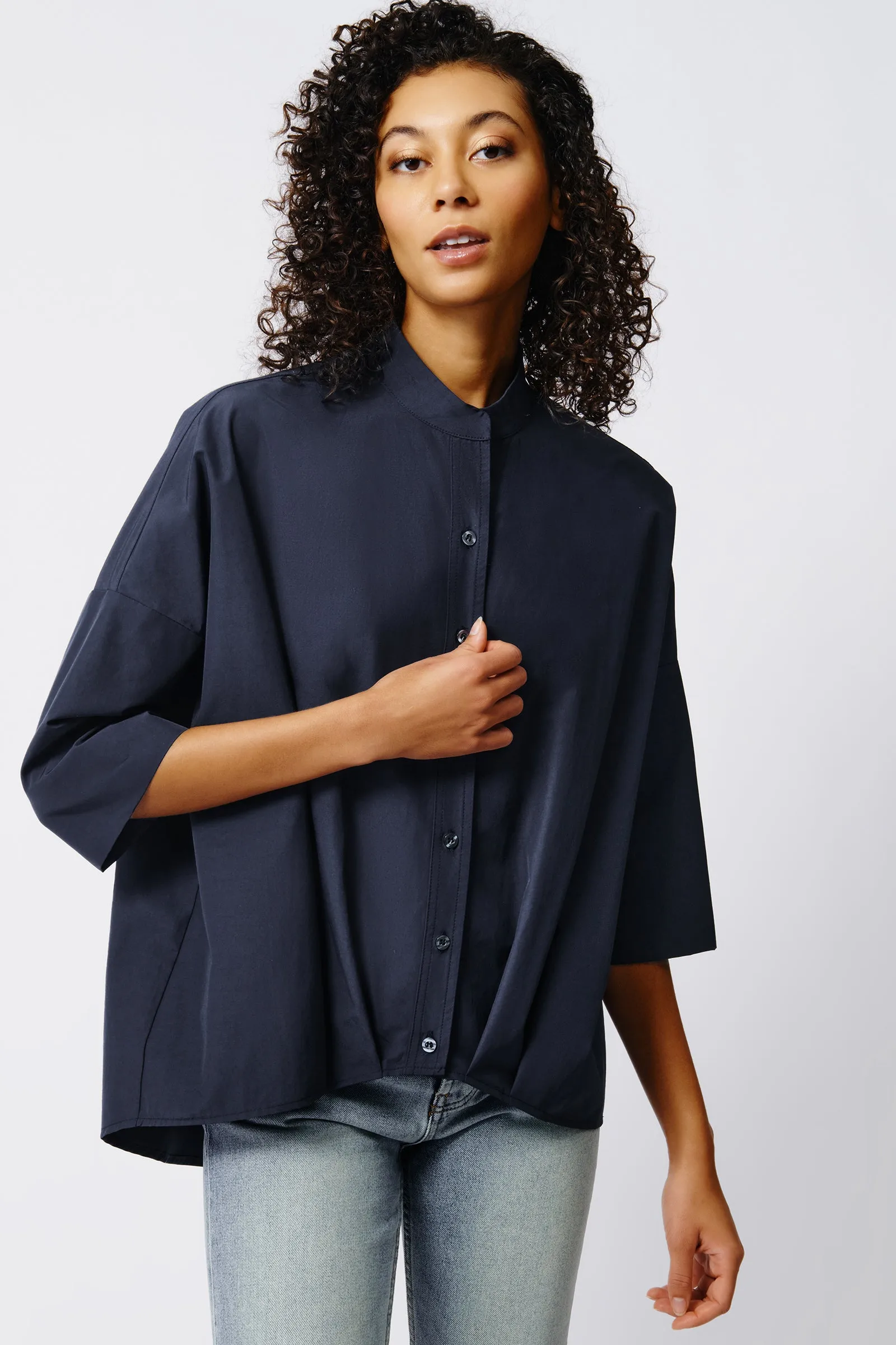 Pleat Hem Kimono - Navy Broadcloth