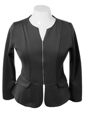 Plus Size Collarless Zip Up Black Blazer