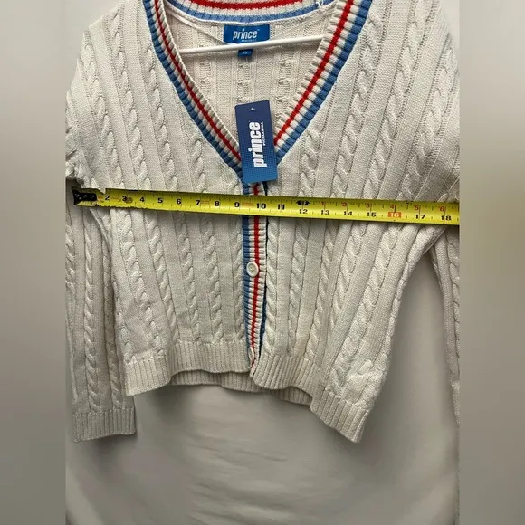 Prince Pickleball Women's Cable Knit Cream Colored V-neck Button Front Cardigan