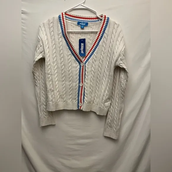 Prince Pickleball Women's Cable Knit Cream Colored V-neck Button Front Cardigan