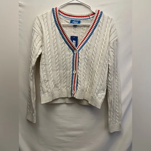 Prince Pickleball Women's Cable Knit Cream Colored V-neck Button Front Cardigan