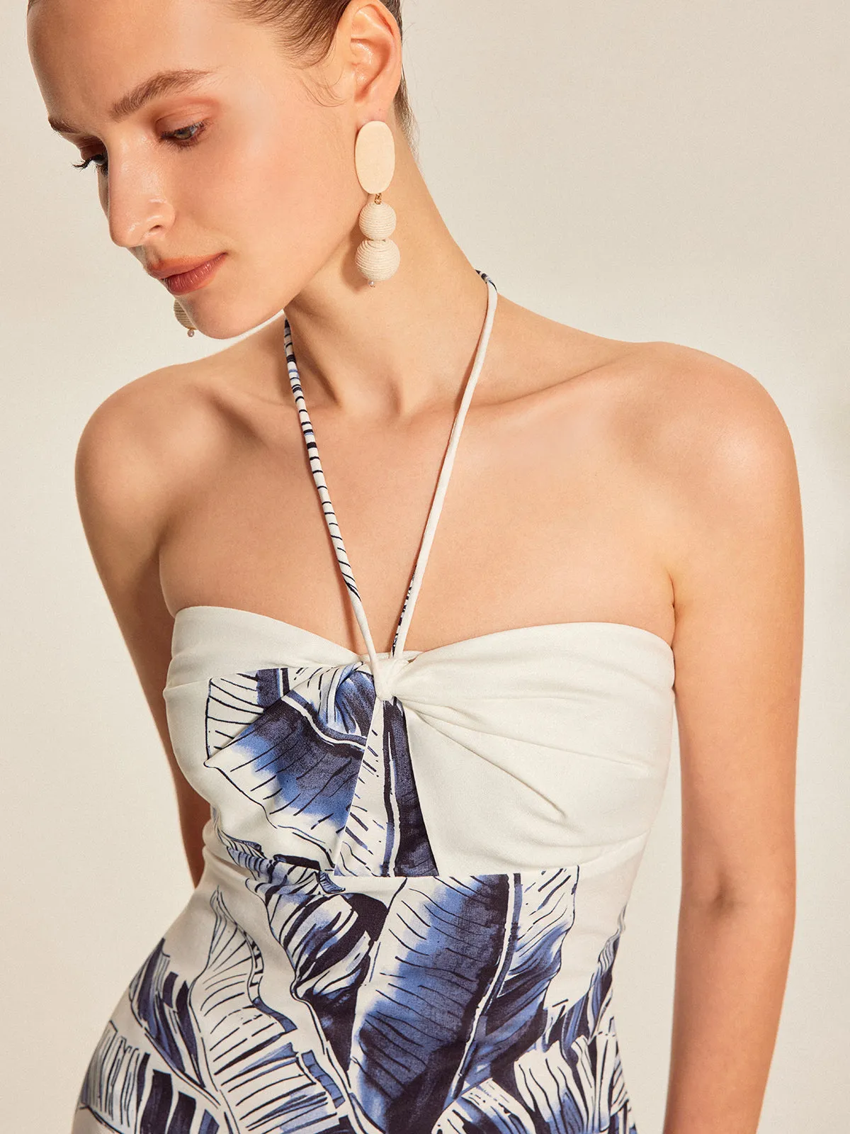Print Tie Halter Strapless Dress