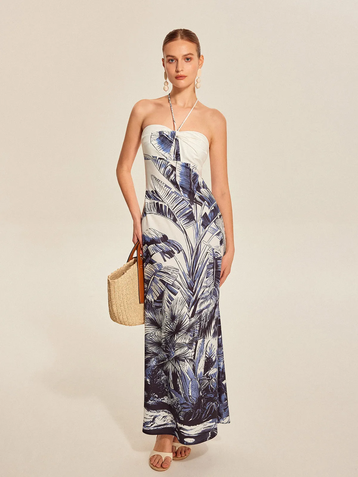 Print Tie Halter Strapless Dress