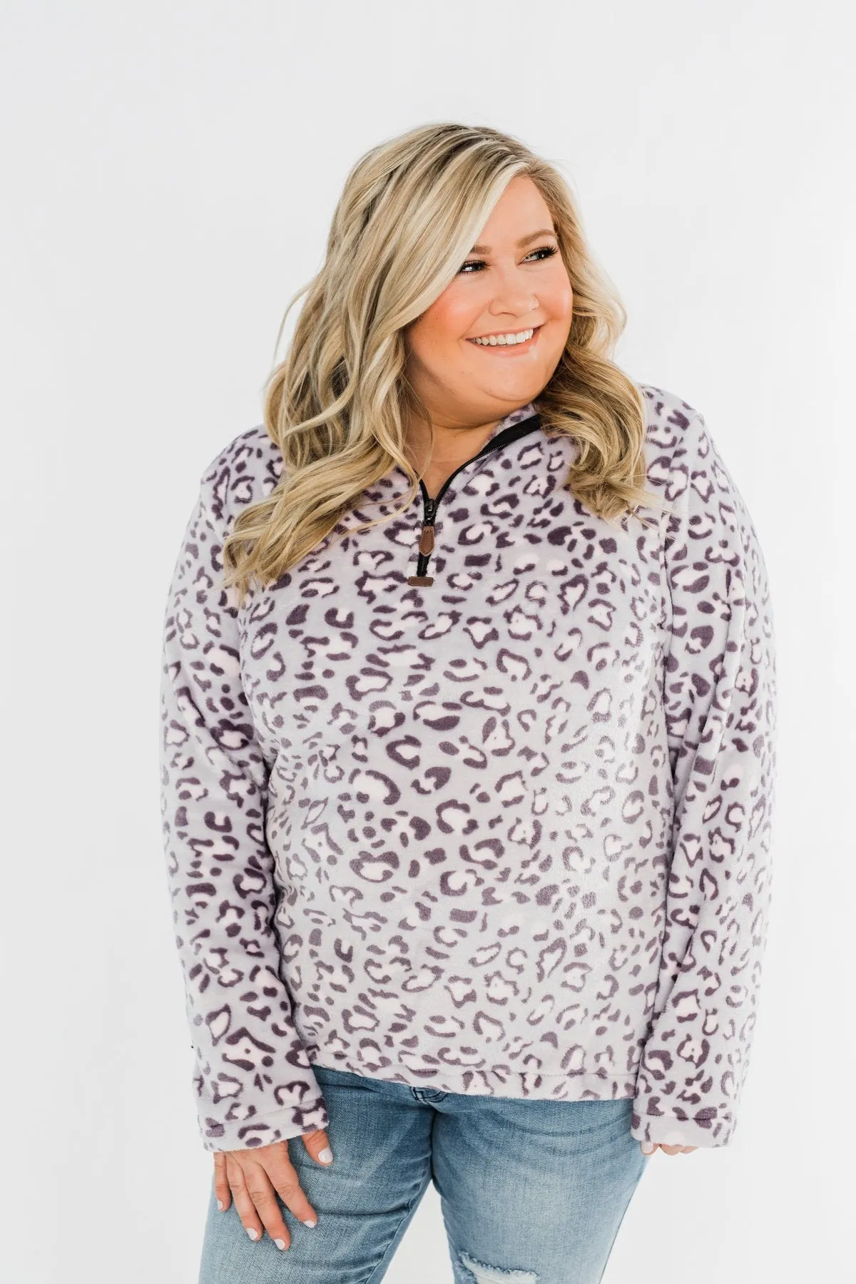 Quarter Zip Leopard Sherpa- Lilac