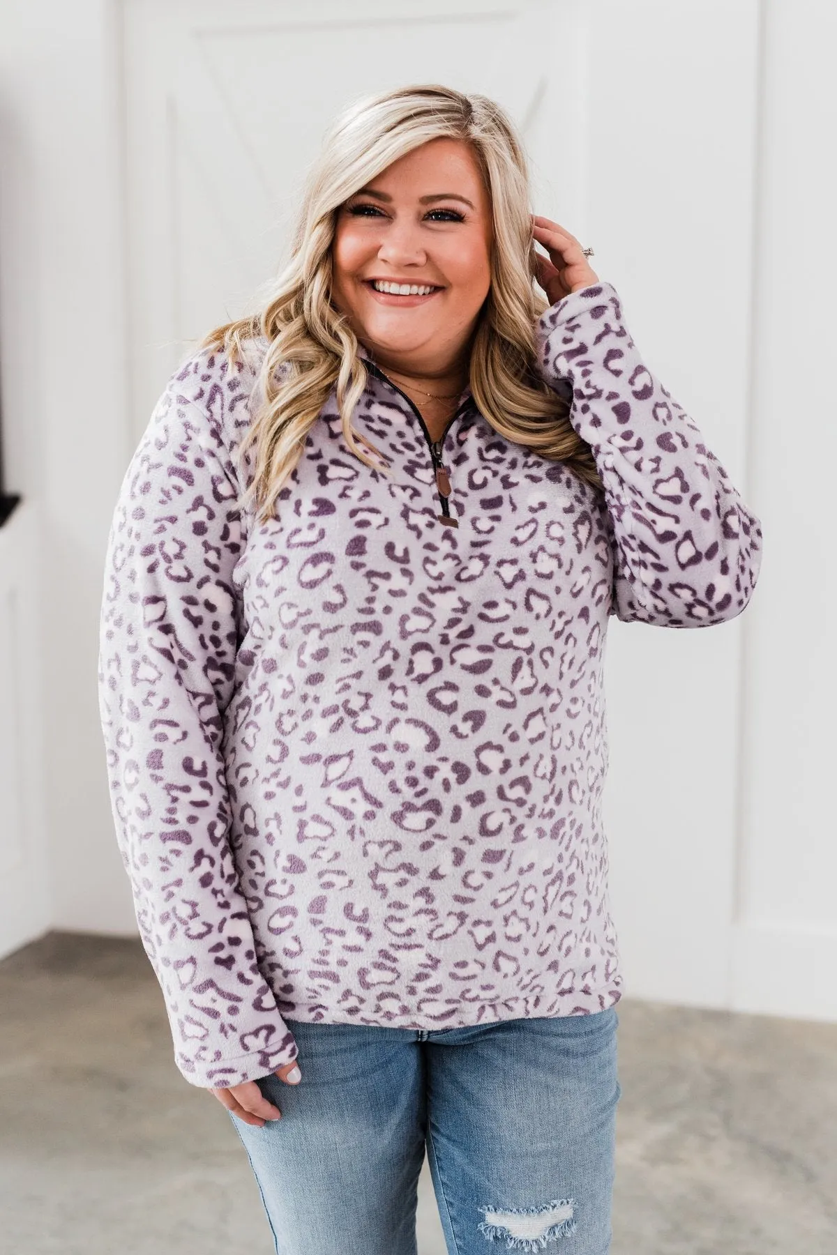 Quarter Zip Leopard Sherpa- Lilac