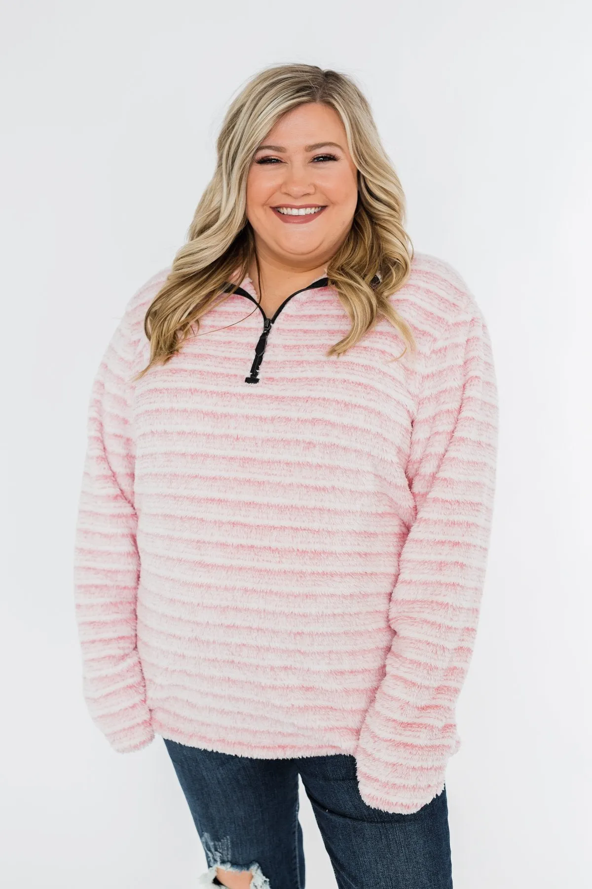 Quarter Zip Striped Sherpa- Pink & Ivory