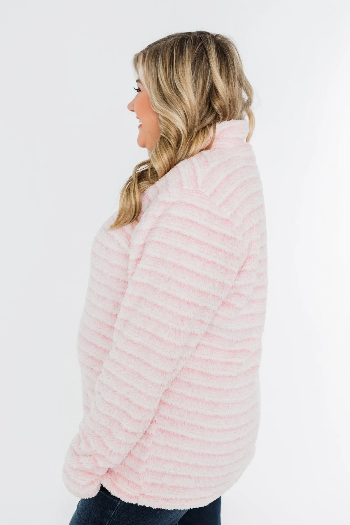 Quarter Zip Striped Sherpa- Pink & Ivory