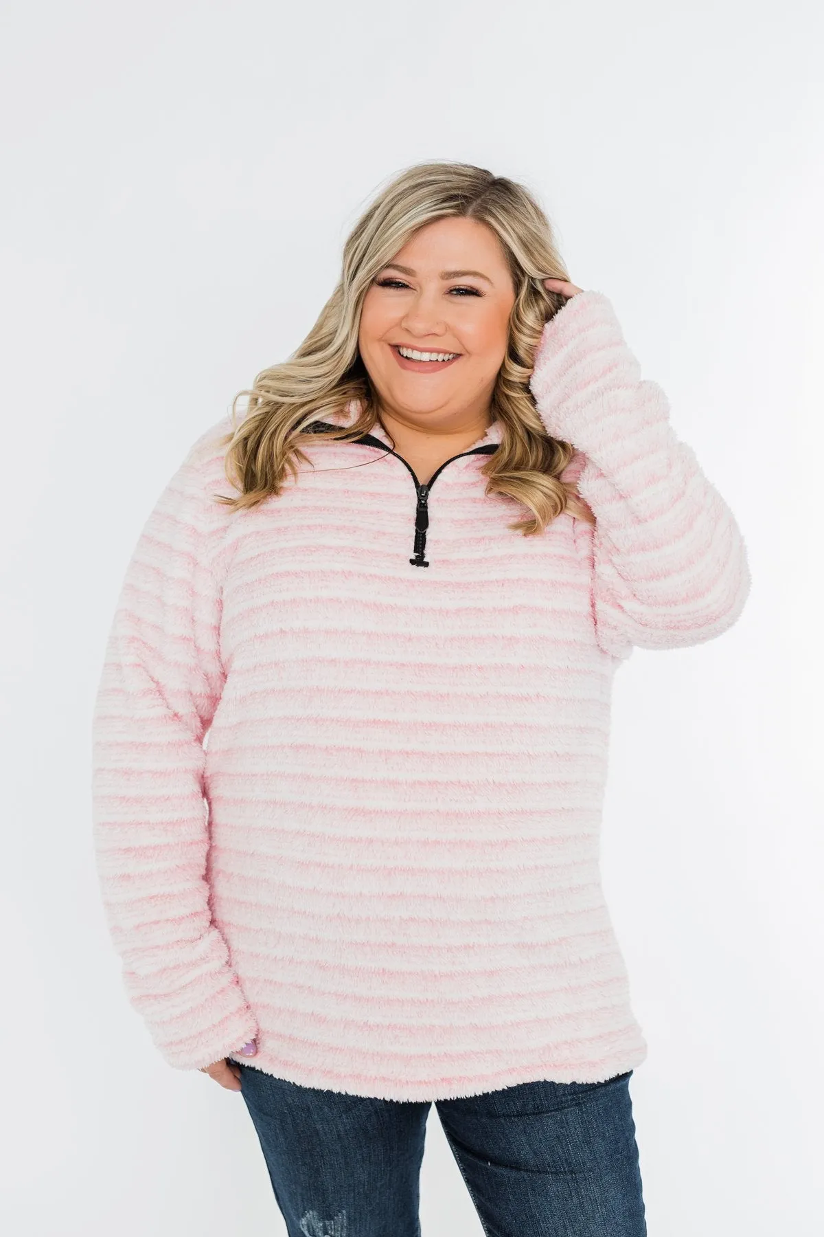Quarter Zip Striped Sherpa- Pink & Ivory