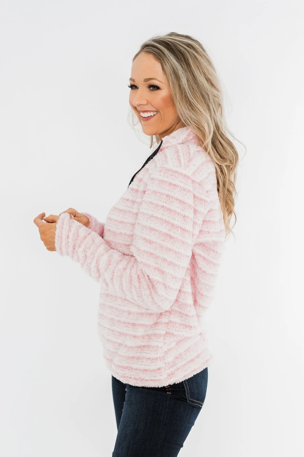 Quarter Zip Striped Sherpa- Pink & Ivory