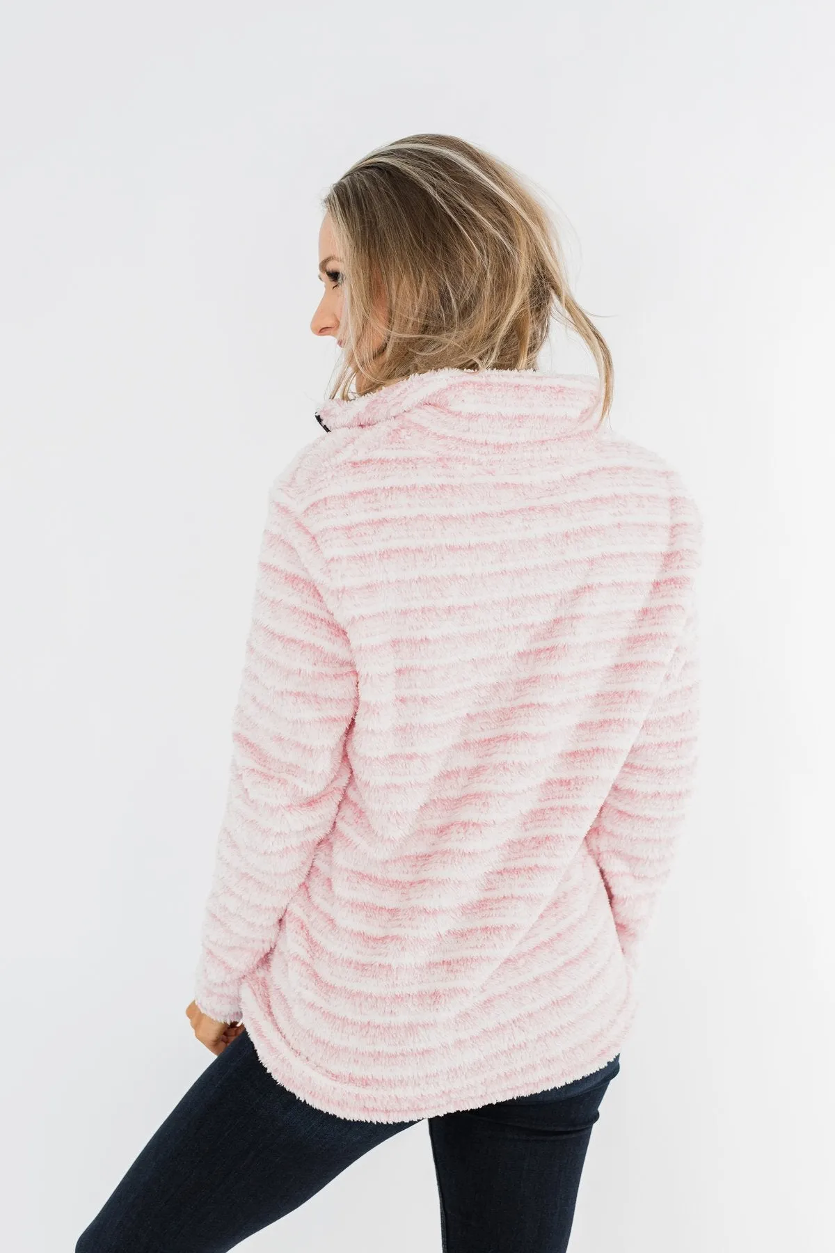 Quarter Zip Striped Sherpa- Pink & Ivory