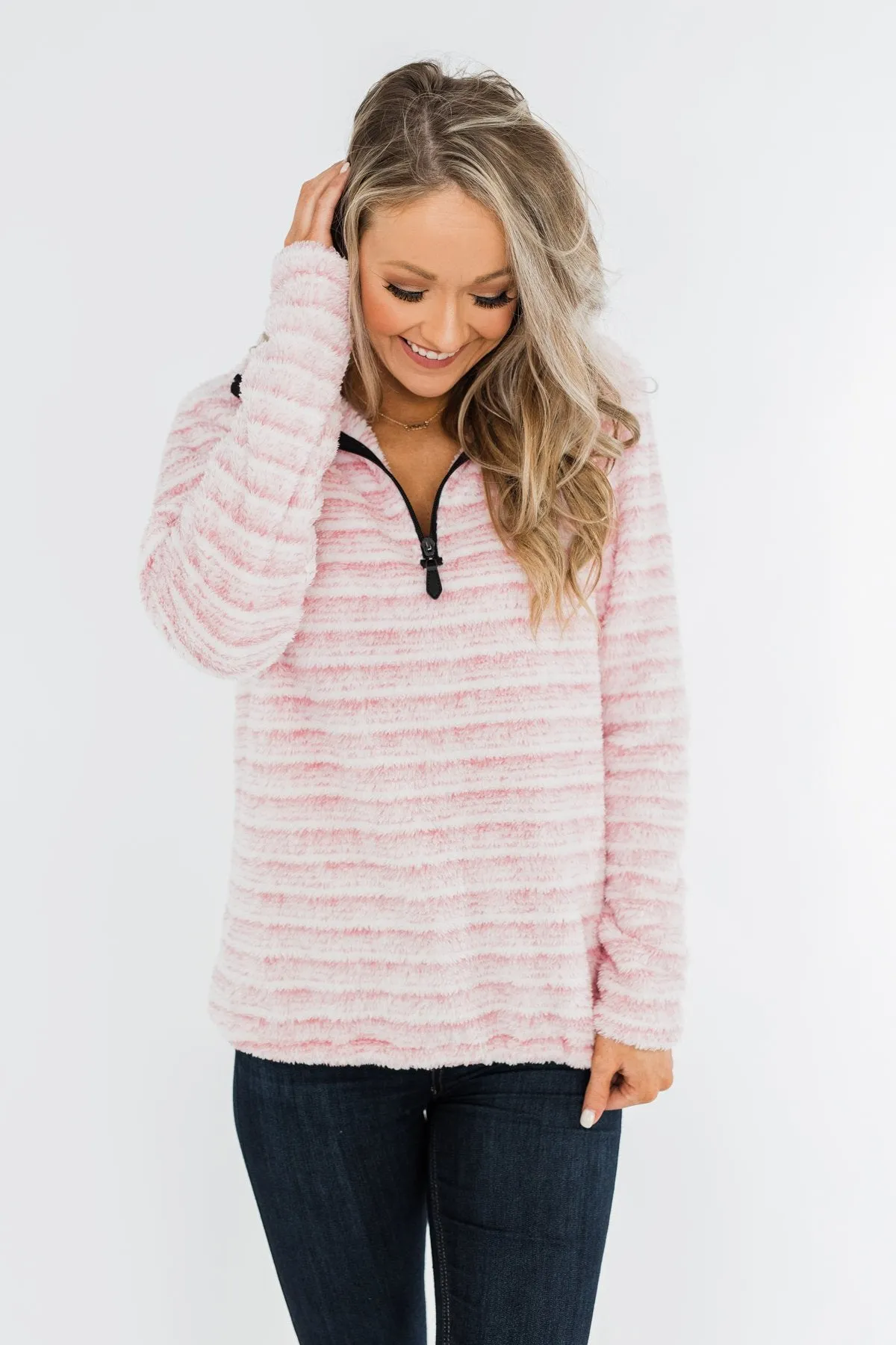 Quarter Zip Striped Sherpa- Pink & Ivory