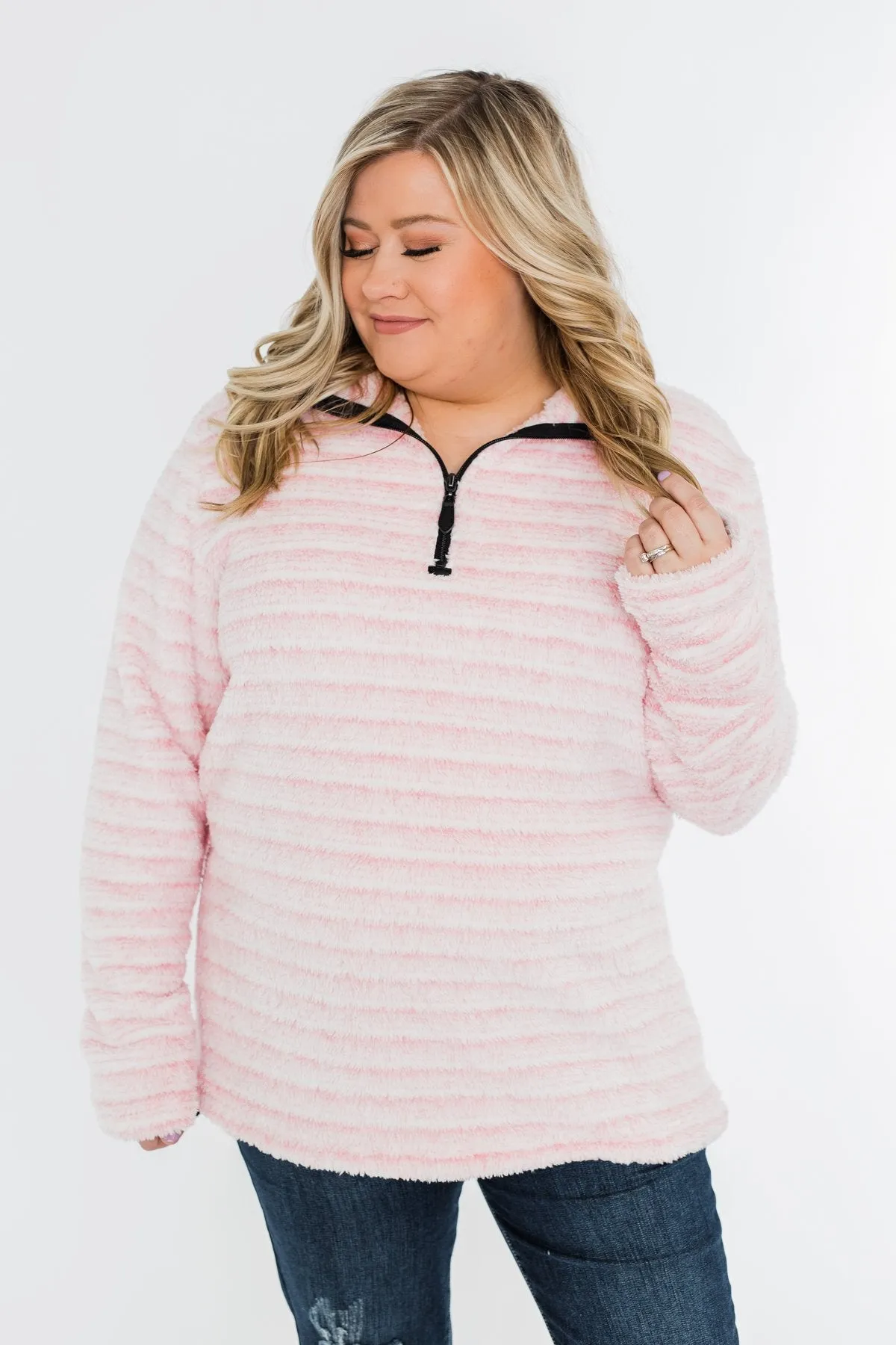 Quarter Zip Striped Sherpa- Pink & Ivory