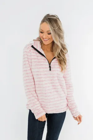 Quarter Zip Striped Sherpa- Pink & Ivory