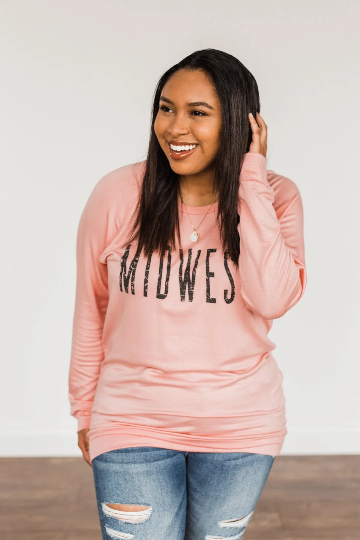 "Midwest" Long Sleeve Graphic Top- Light Pink