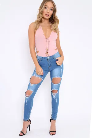 Rose Lace Up Front And Cut Out Side Bodysuit - Jaslin