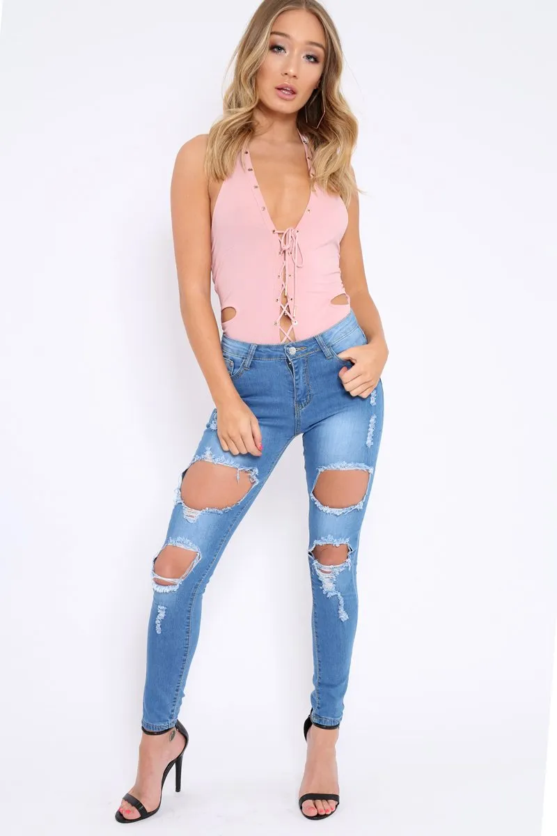 Rose Lace Up Front And Cut Out Side Bodysuit - Jaslin