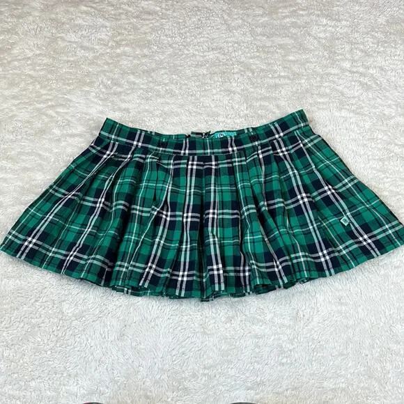Royal Bones green plaid low waist pleated punk mall goth skirt, L