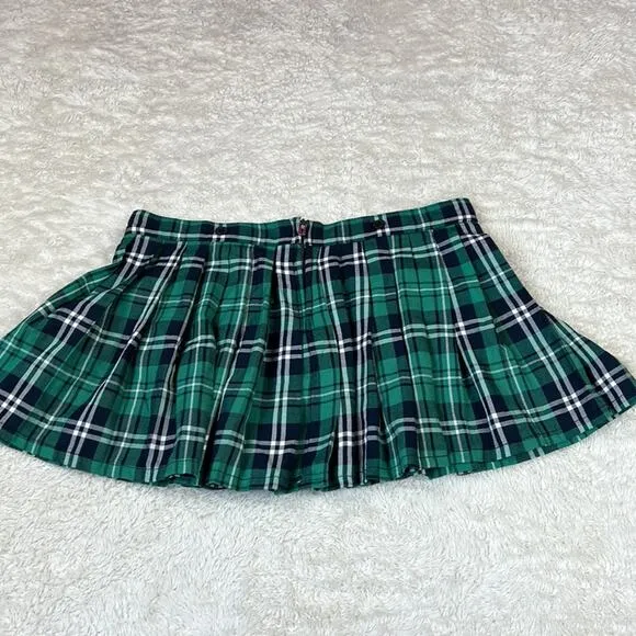 Royal Bones green plaid low waist pleated punk mall goth skirt, L