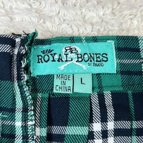 Royal Bones green plaid low waist pleated punk mall goth skirt, L