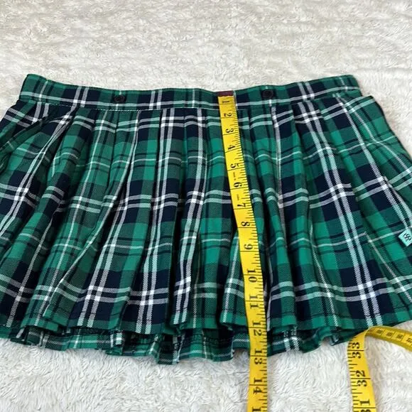 Royal Bones green plaid low waist pleated punk mall goth skirt, L