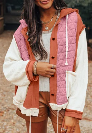 Saige Drawstring Texture Button Up Long Sleeve Hooded Jacket