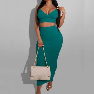 Sexy Two Piece Sets V-Neck Long Sleeve Crop Top Knitted Long Skirt-Bodycon