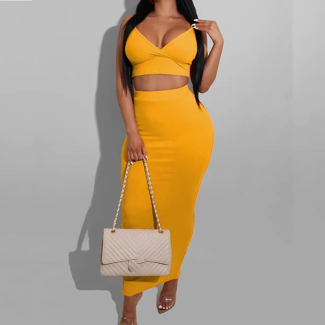 Sexy Two Piece Sets V-Neck Long Sleeve Crop Top Knitted Long Skirt-Bodycon