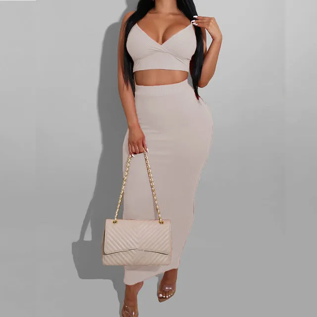 Sexy Two Piece Sets V-Neck Long Sleeve Crop Top Knitted Long Skirt-Bodycon