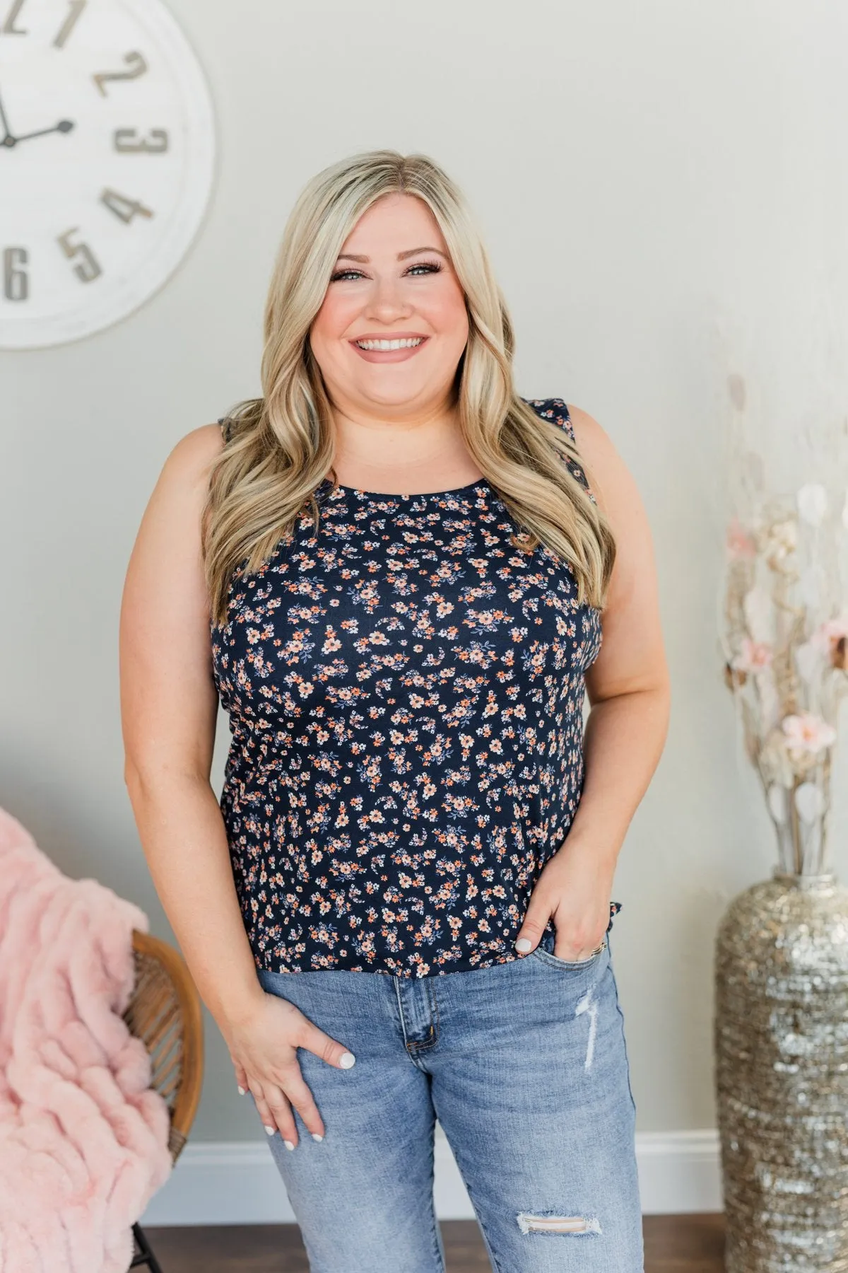 Shortcut To Spring Floral Tank Top- Navy
