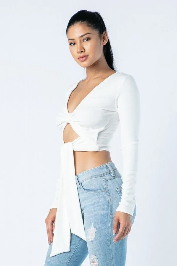 Soft Heavy Knit Front Ribbon Side Band Tie Long Sleeve Crop Top