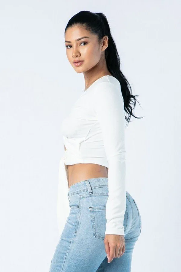 Soft Heavy Knit Front Ribbon Side Band Tie Long Sleeve Crop Top