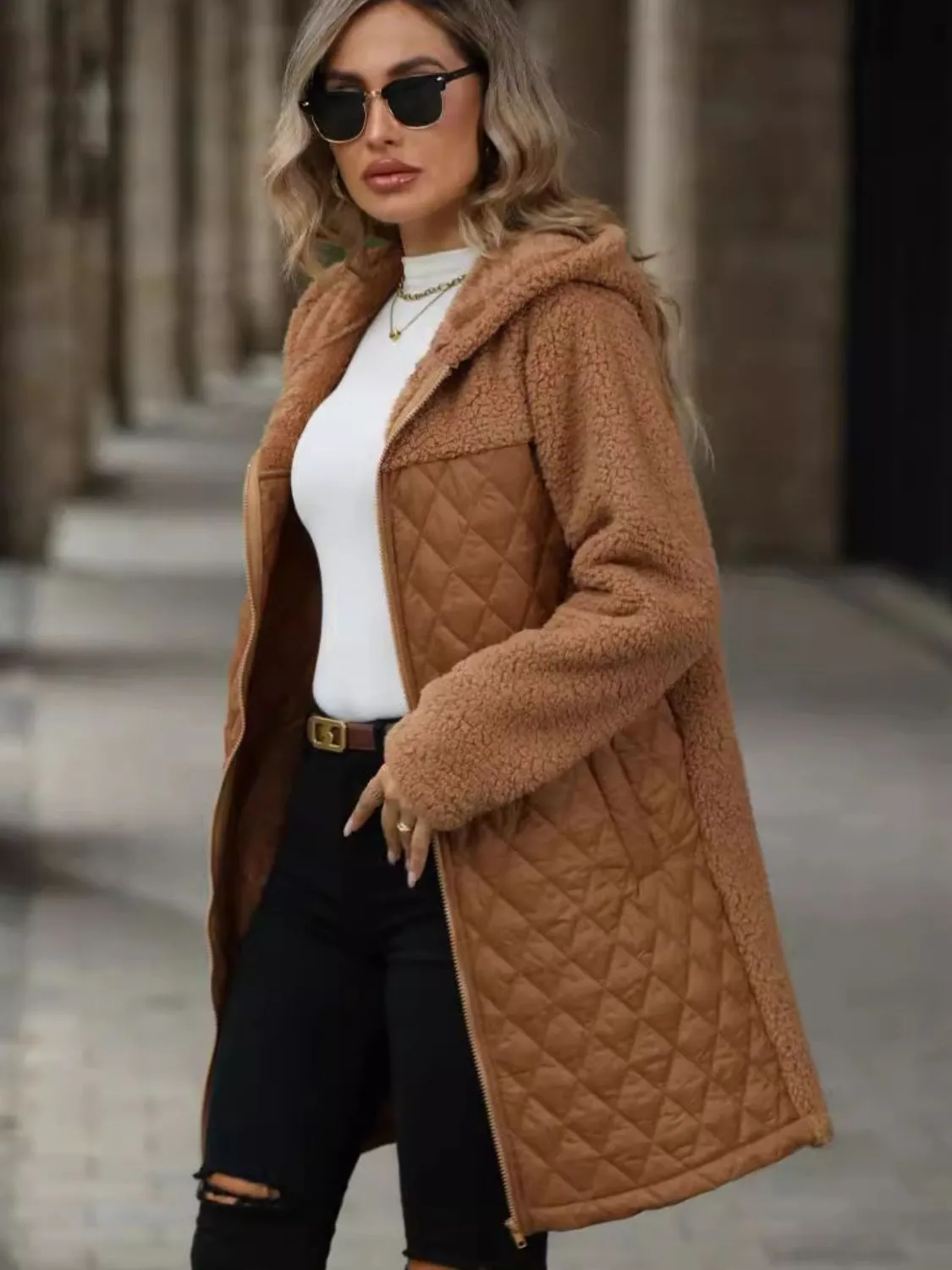 Texture Long Sleeve Hooded Coat