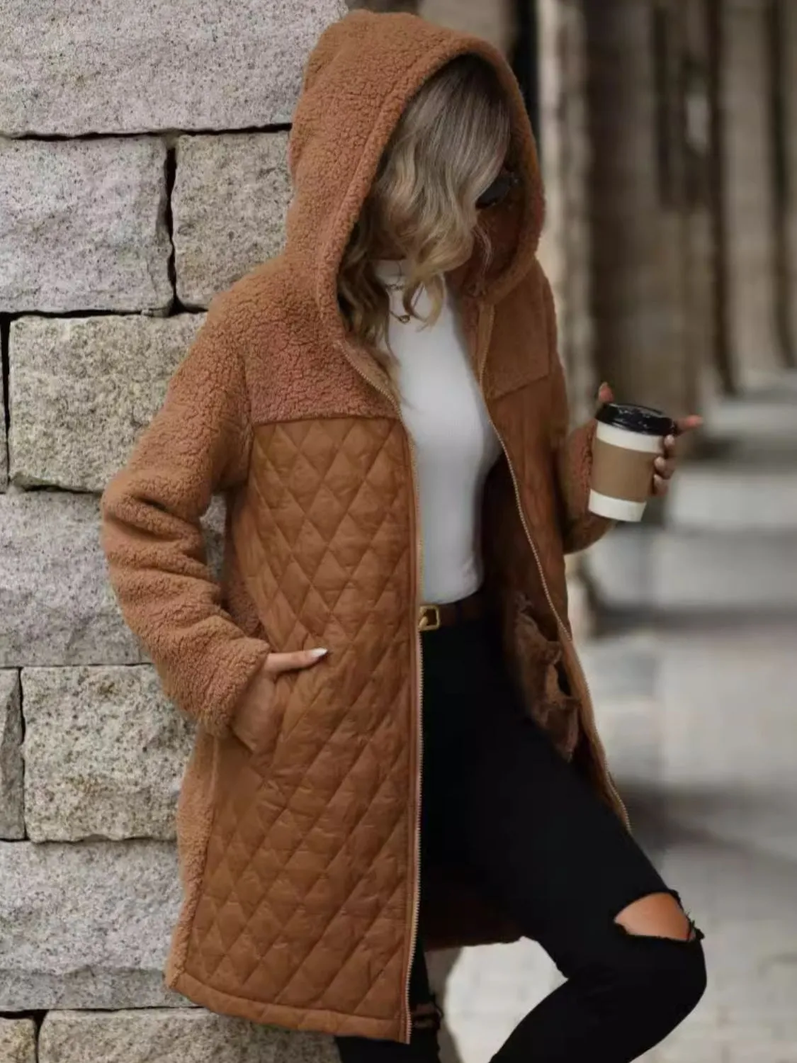Texture Long Sleeve Hooded Coat
