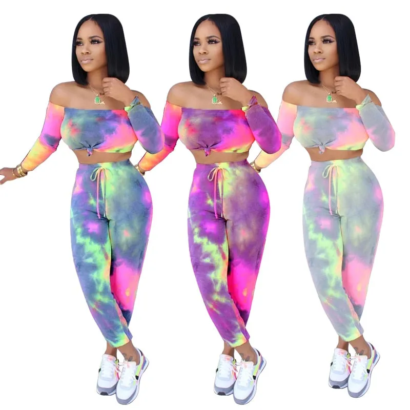 Tie Dye Print Women Sport Two Piece Set Tracksuit
