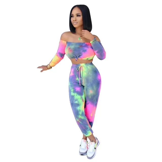 Tie Dye Print Women Sport Two Piece Set Tracksuit