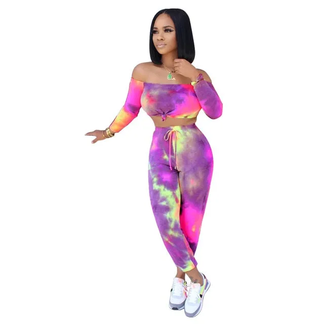 Tie Dye Print Women Sport Two Piece Set Tracksuit