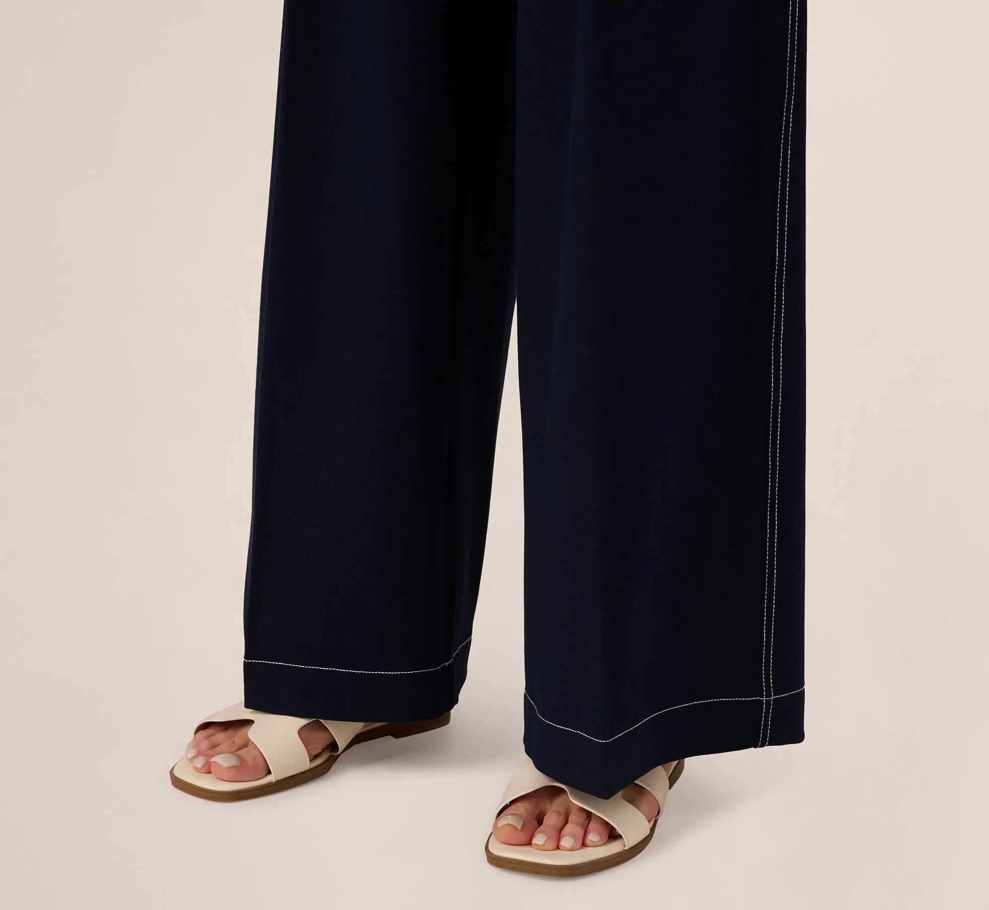 Topstitch Wide Leg Paperbag Pant With Belt In Navy Ivory