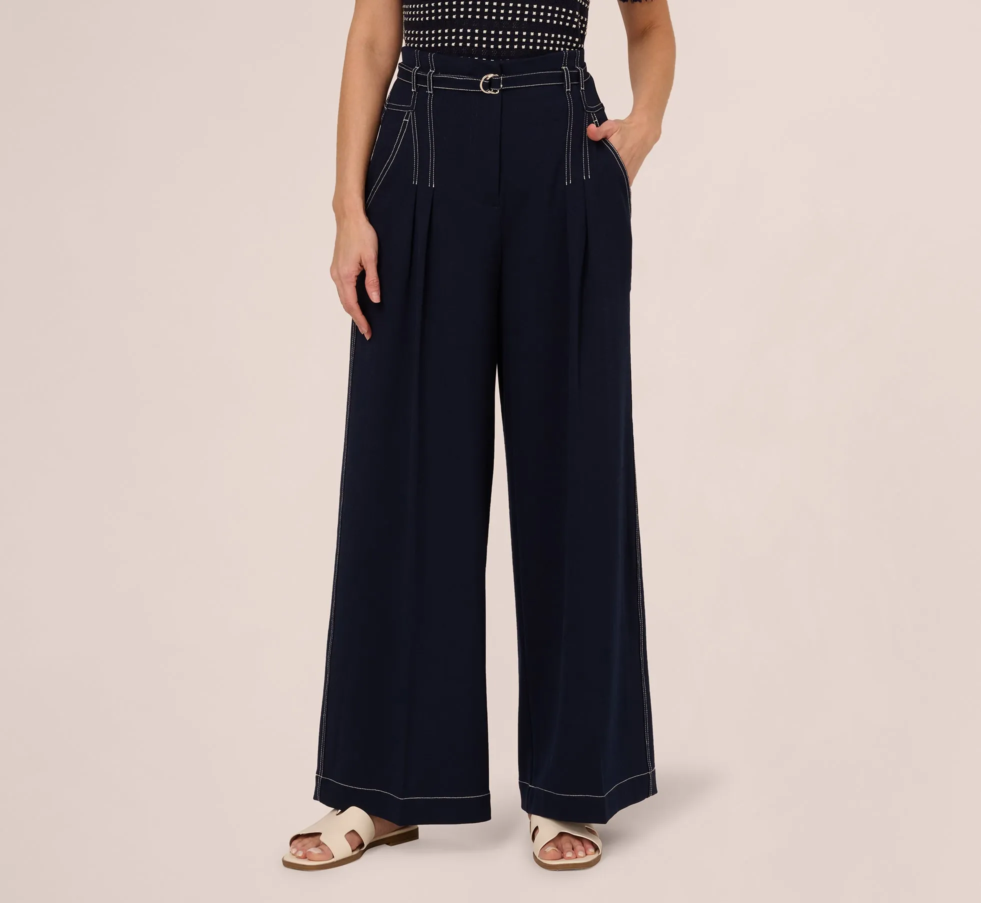 Topstitch Wide Leg Paperbag Pant With Belt In Navy Ivory