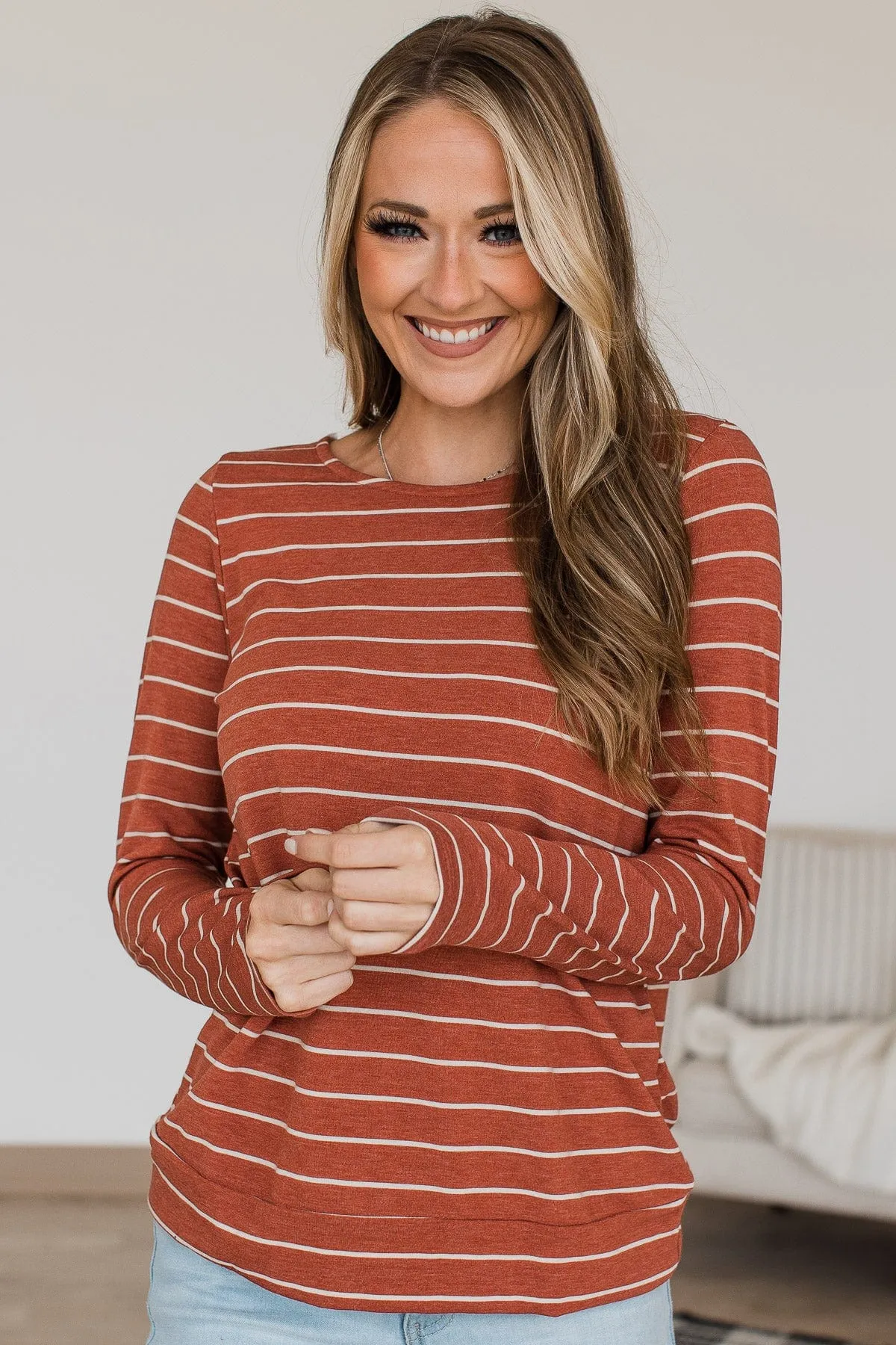 Tune Into This Striped Long Sleeve Top- Copper