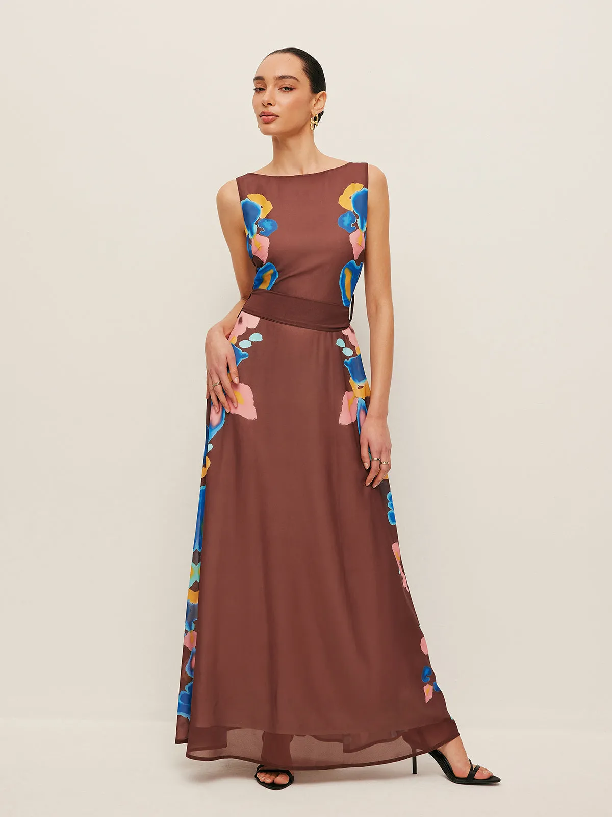 V-Back Bow Detail Printed Dress