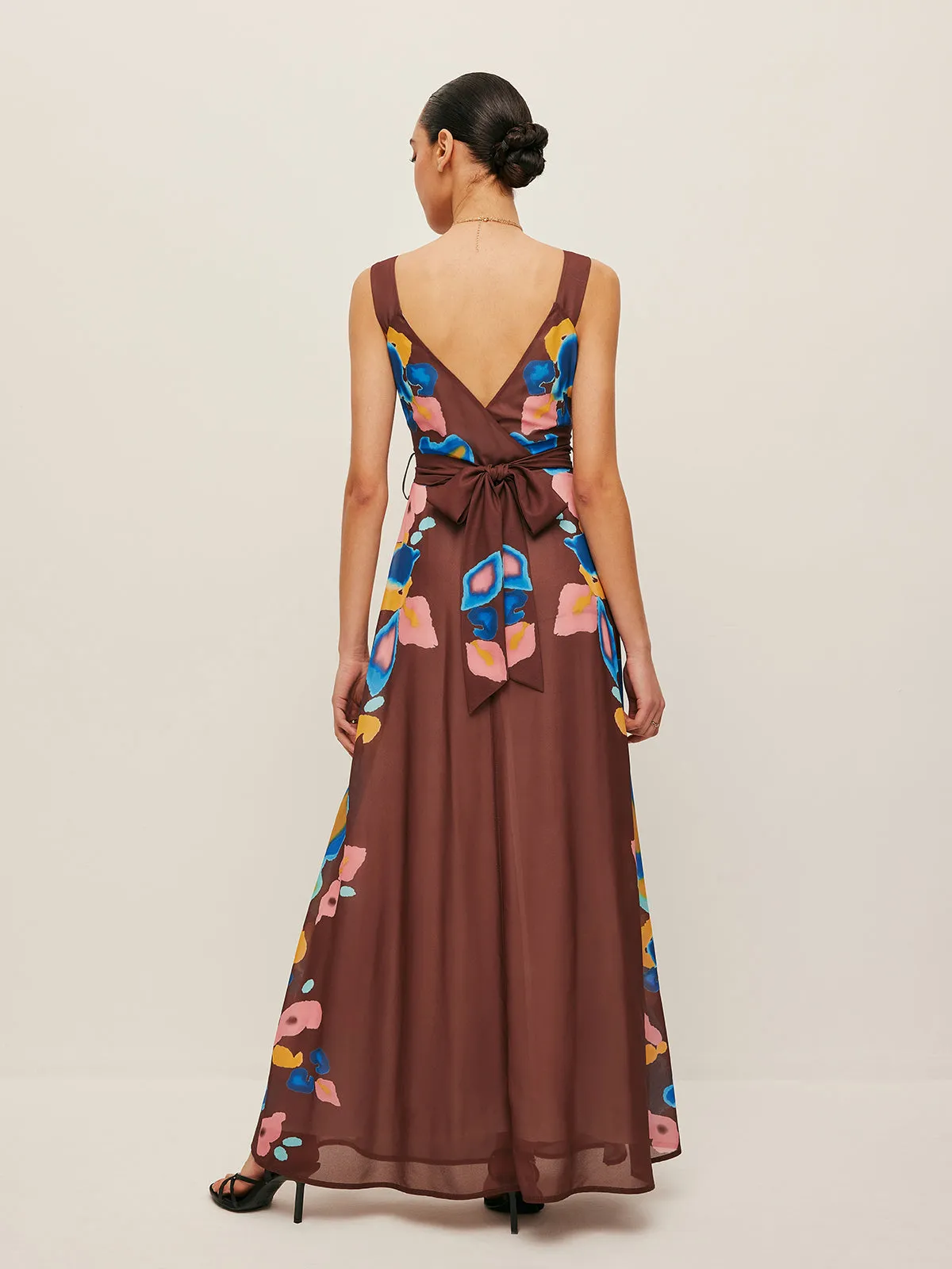 V-Back Bow Detail Printed Dress