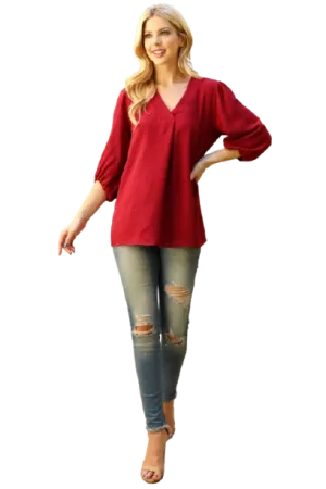 V Neck Band Elastic Tunnel Sleeve Woven Top Vintage Wine - Pack of 6