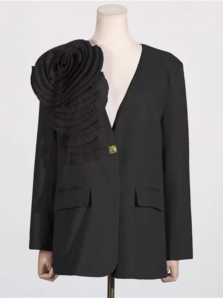V-neck Three-Dimensional Floral Stitching Design Blazer