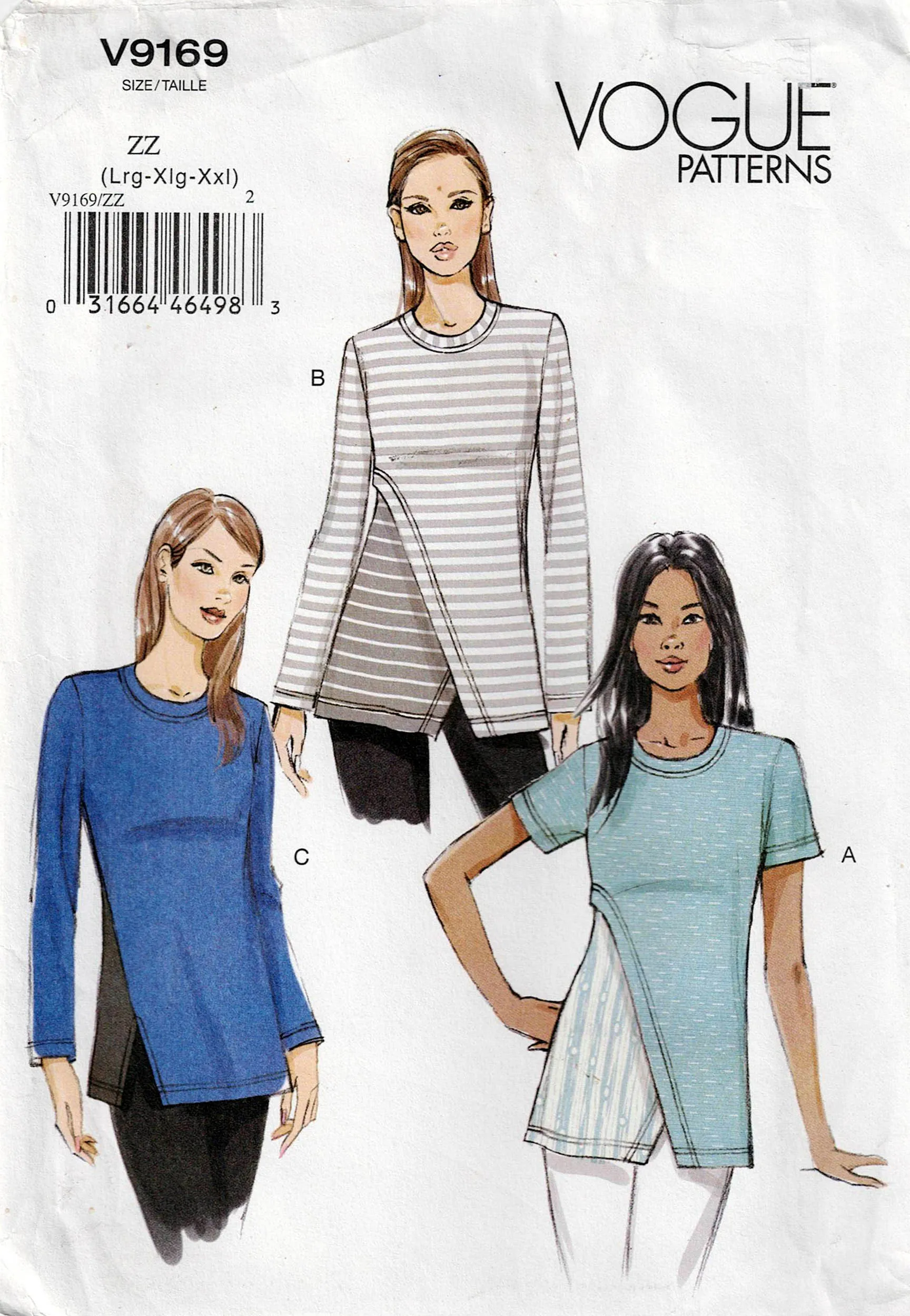 Vogue 9169 Womens Stretch Casual Color Block Asymmetric Tops Out Of Print Sewing Pattern Size L - XXL UNCUT Factory Folded