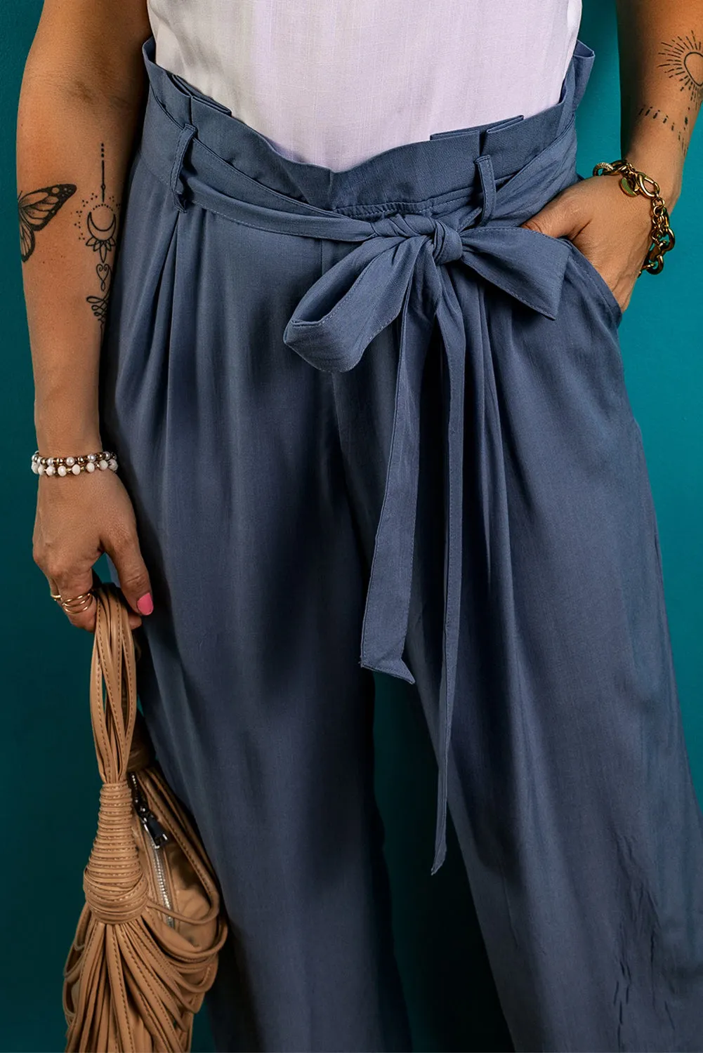 Wild Wind Belted Frilly Waist Casual Pocketed Pants